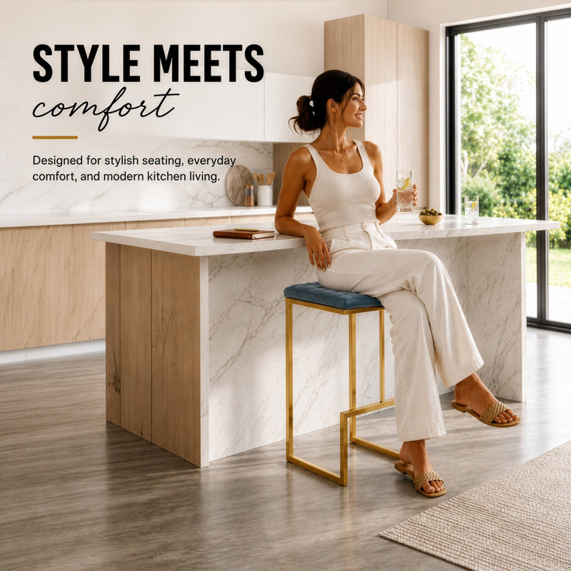 LeisureMod Quincy Leather Bar Stool, Quilted PU Leather Barstool with Metal Sled Base, Built-In Footrest, Diamond Stitching & Anti-Scratch Glides for Kitchen, Home Bar & Counter Seating