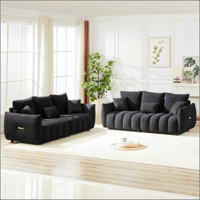 Canapé 3 places + 3 places, canapé en peluche moderne avec structure en bois et 6 coussins pour un appartement confortable