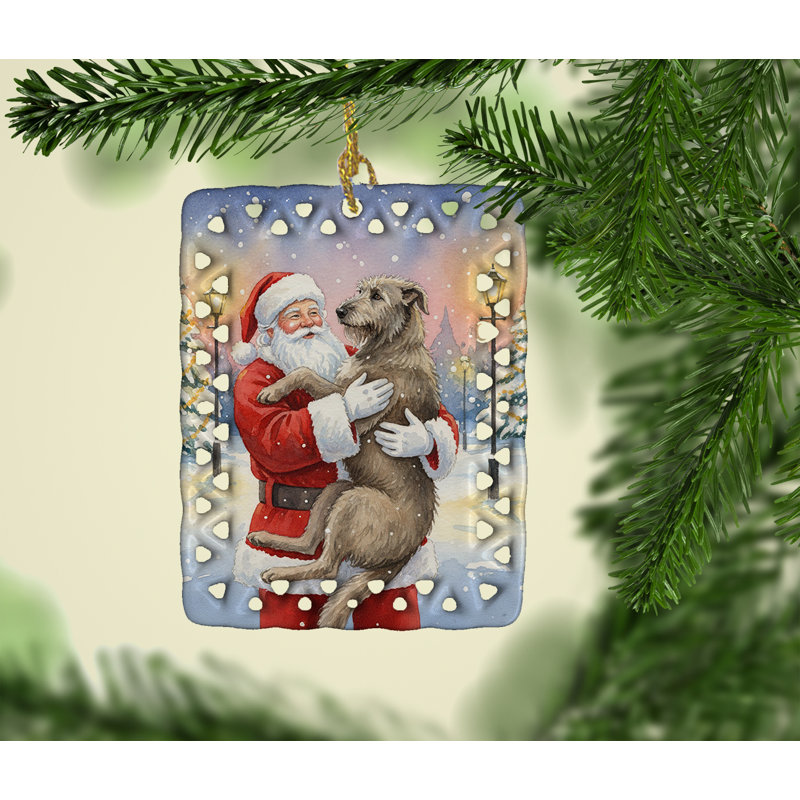 Ornement en porcelaine lévrier irlandais avec père Noël, Lévrier irlandais