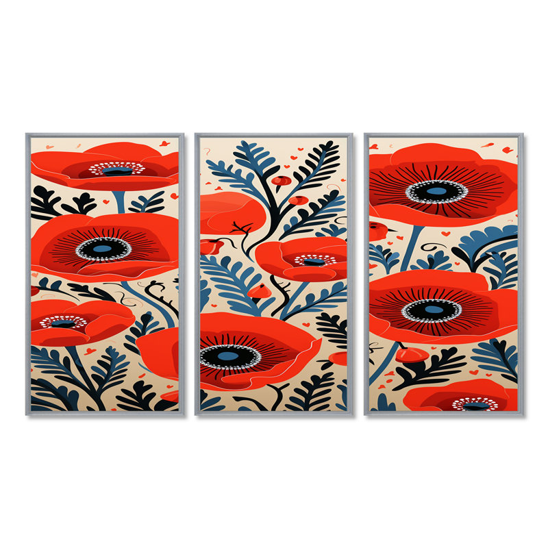 Vandyke - ensemble de décoration murale coquelicots, Argent argent, H 32 po x l 48 po