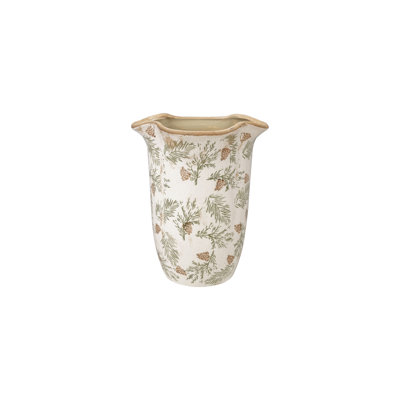 Crackle Glaze Stoneware Planter with Ruffled Edge and Pine Bough Motif