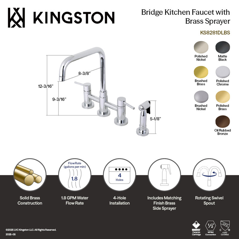 Kingston Brass Concord Two-Handle 4-Hole Deck Mount Bridge Kitchen Faucet with Brass Side Sprayer, Matte Black