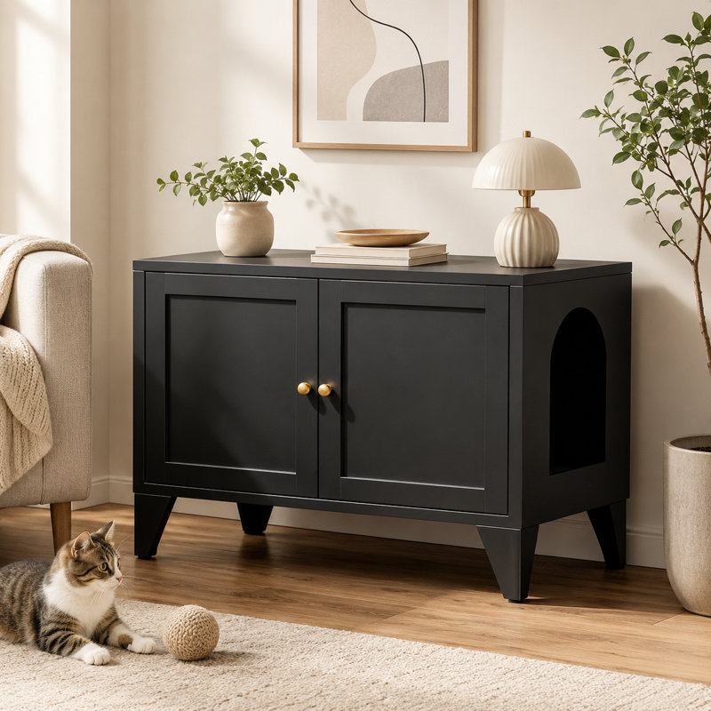 Enceinte de litière en métal pour chat - Meuble de litière caché pour chat, armoire de toilette pour chat autoportante, armoire à litière pour chat avec entrée latérale, table d'appoint décorative moderne noire pour animal domestique