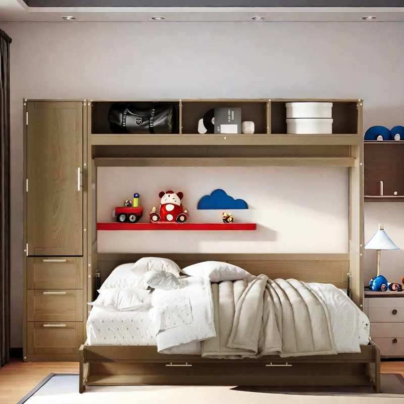 Lit escamotable Ismelda avec garde-robe, tiroirs et tablettes ouvertes