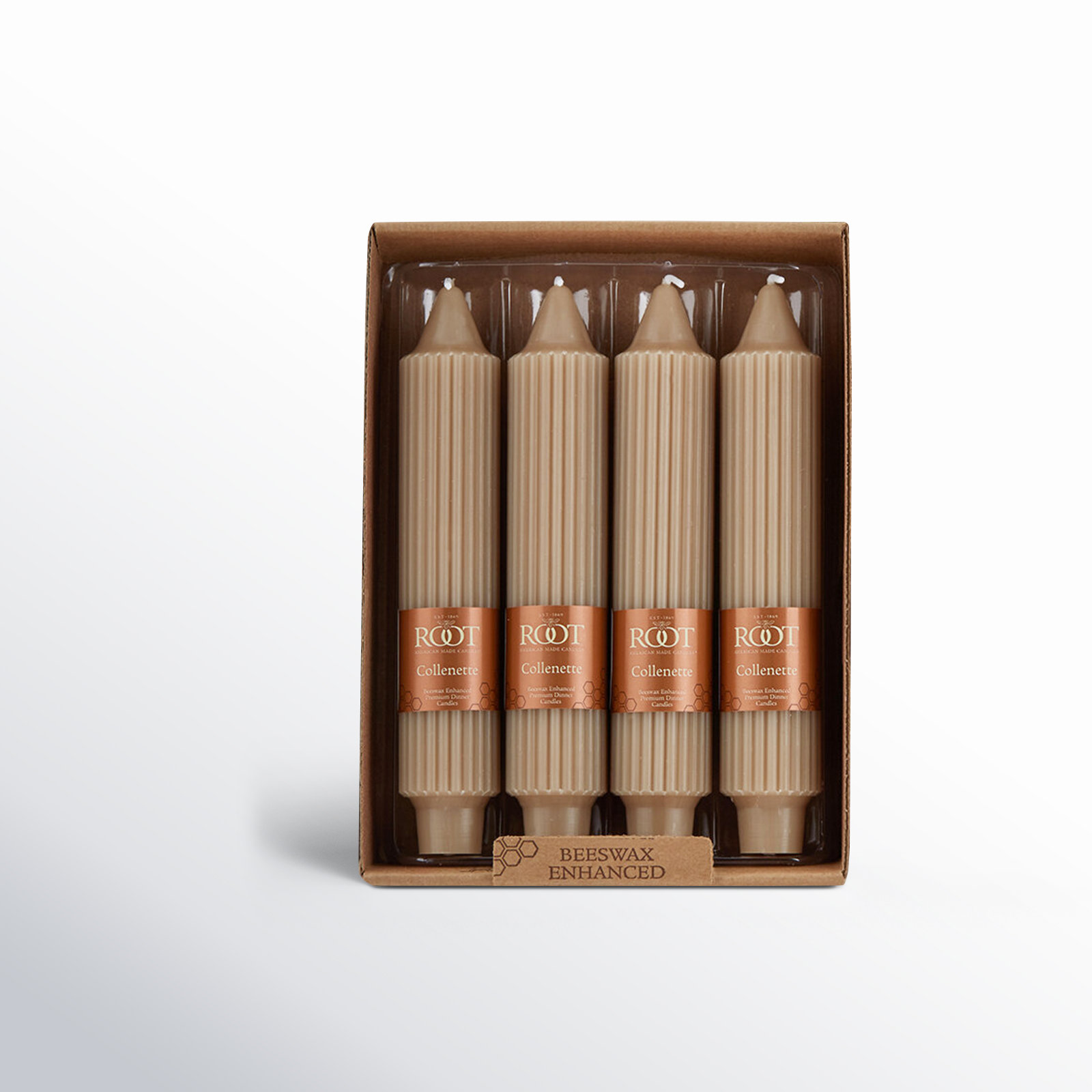 Grecian Collenette Unscented Taper Candle, Taupe, 7" H x 1.25" W x 1.25" D