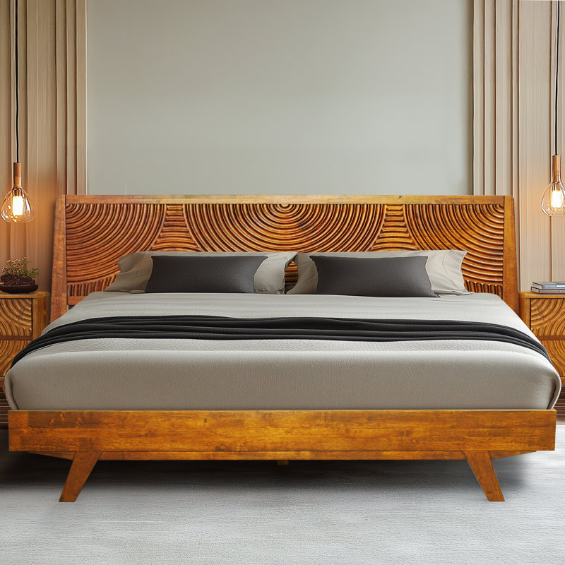 Harmony Solid Wood Bed Frame Platform Style with Sculpted Headboard, Mid-Century Modern, No Box Spring Needed, Smart Tools Assembly, 800 lbs Capacity