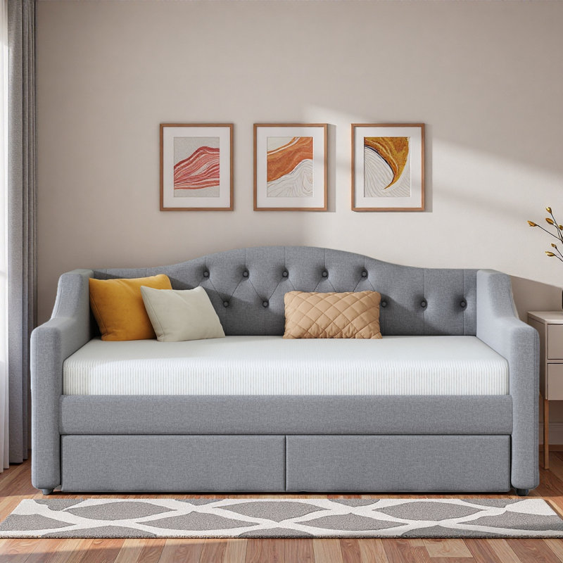 Modern Upholstered Daybed With Led Belt And Trundle, Gray