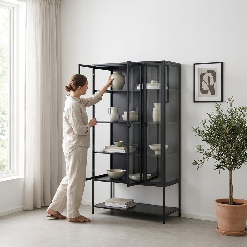 Tall Three-Sided Glass Display Cabinet with Integrated LED Lighting and Adjustable Shelves for Collectibles and Decorative Items