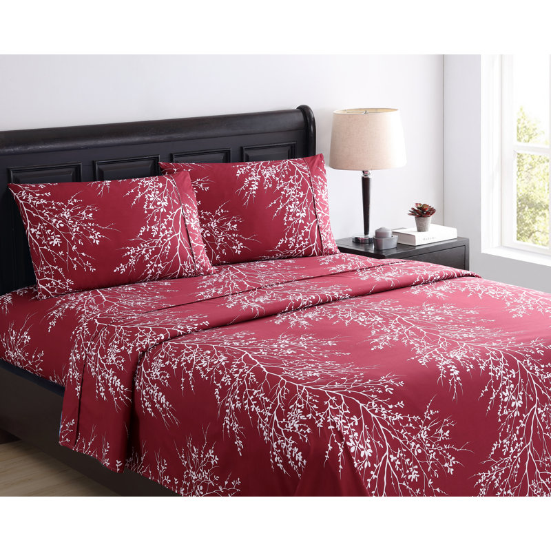 Foliage Microfiber Floral Sheet Set, Ivory/Navy, Full Sheet with Fitted Sheet and 2 Pillowcases