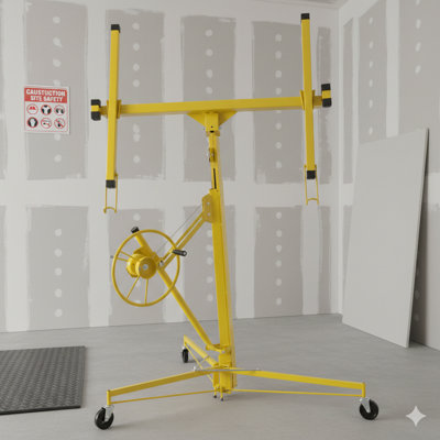11-Foot Drywall Lift, Panel Hoist with Lockable Rolling Caster Wheels, Construction Tool for Sheetrock, Yellow