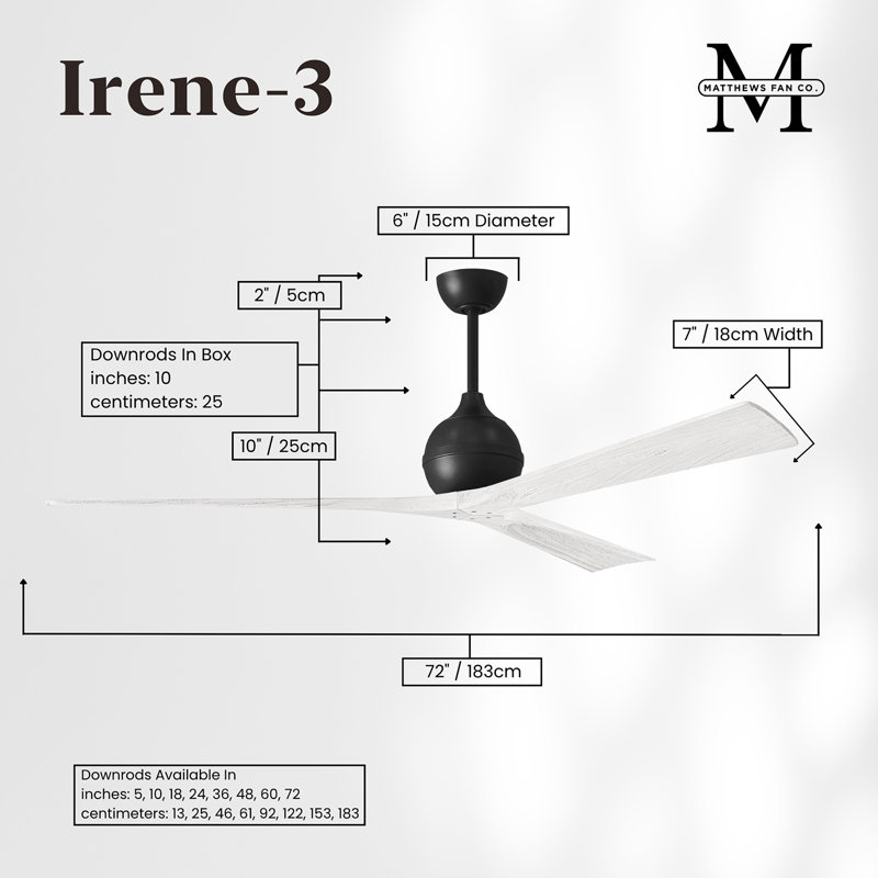 60" Irene Paddle 3 Blade Ceiling Fan, Matte Black, Matte White, 72"