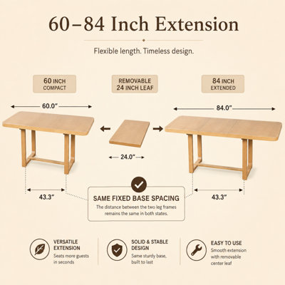 Table de salle à manger extensible Vonnie 60"-84" pour 6 personnes, table de cuisine rectangulaire en bois avec rallonge amovible, coins arrondis, détails rainurés et piètement renforcé.