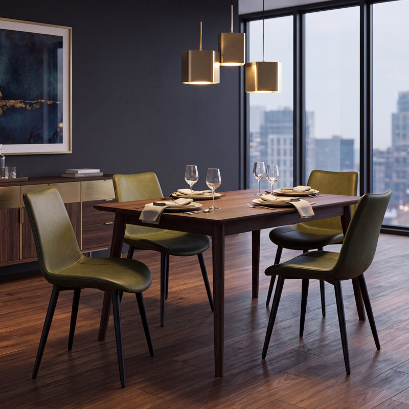 Chaises de salle à manger modernes en similicuir avec dossier incurvé, pieds en métal noir (ensemble de 4), Vert olive rétro