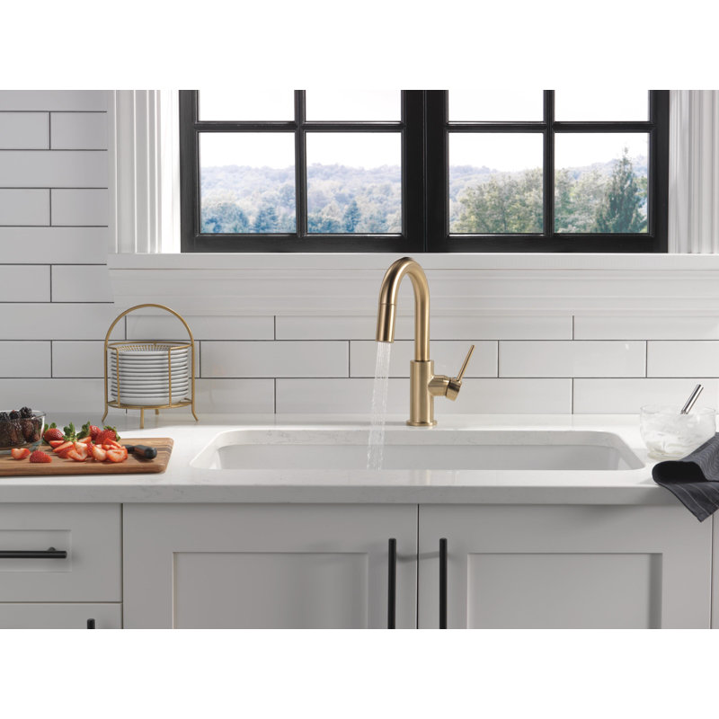 Trinsic Brushed Gold Bar Sink Faucet with Pull Down Sprayer, Modern Single Hole Prep Sink Faucet, Single Handle, Champagne Bronze
