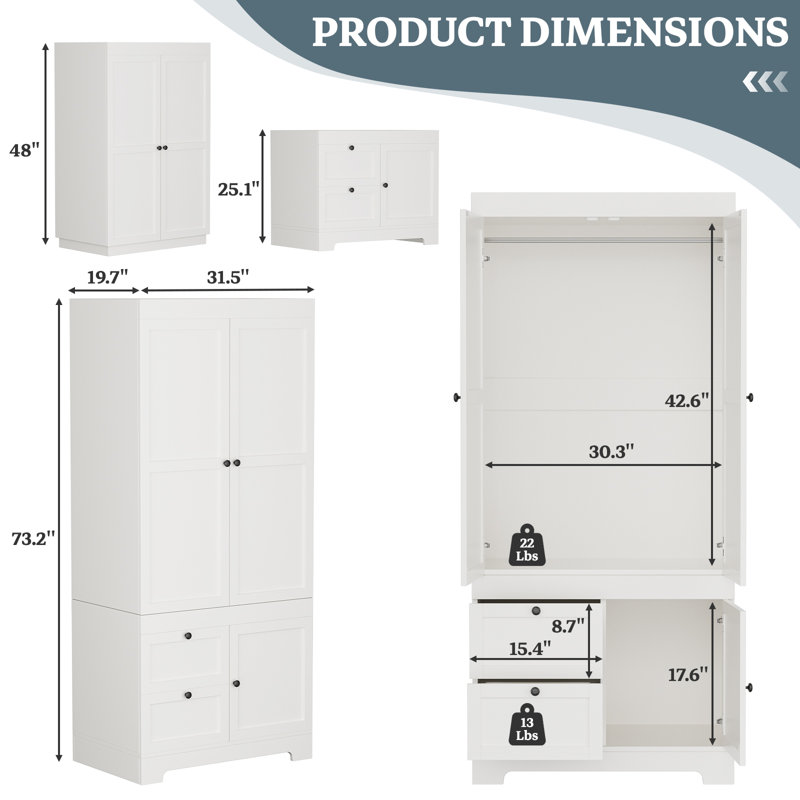 Armoire de rangement pratique et élégante avec tringle, 2 tiroirs et armoire latérale - l 31,5 po x P 19,7 po x H 73,2 po