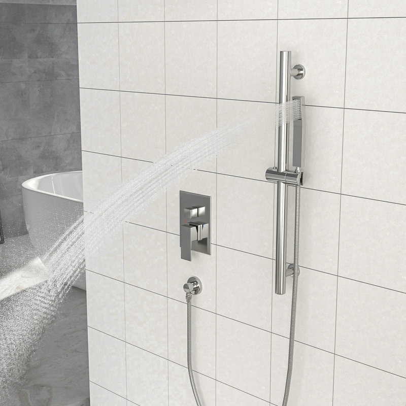 Brushed Nickel Shower With 12 Inch Square - Adjustable Slide Bar, -Balanced Valve & Handheld Element Wall Mounted In Content