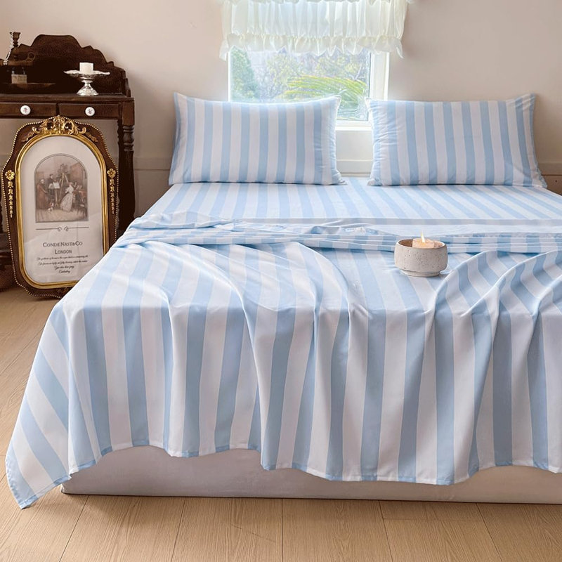 Draps en percale rayée, draps de lit en microfibre douce prélavée à fines rayures, ensemble de draps de style ferme avec poches profondes