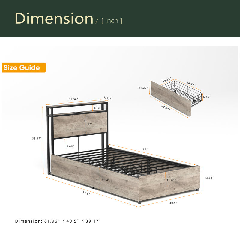 Twin Bed Frame, Storage Headboard With Charging Station, Solid And Stable, Noise Free, No Box Spring Needed, Easy Assembly