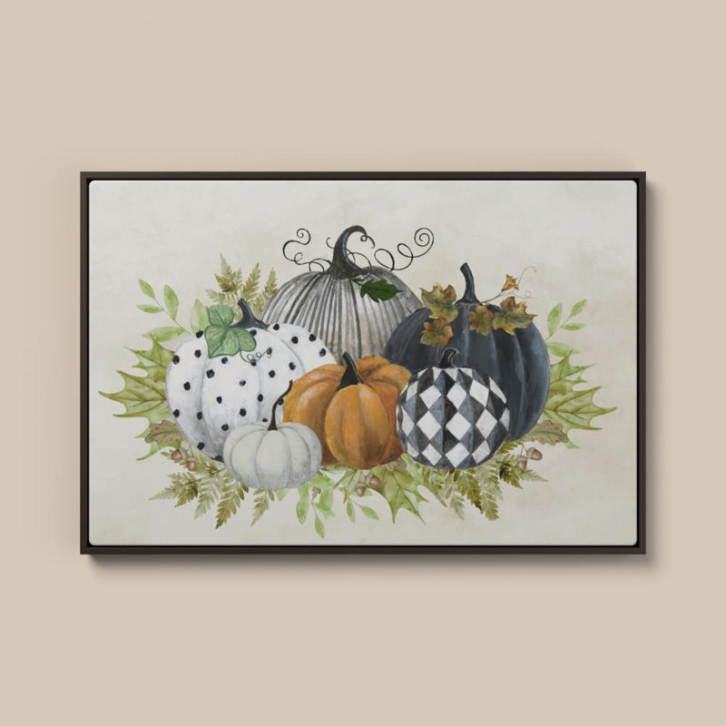 Le Champ de Citrouilles par Tava Studios - Graphique d'art sur toile, H 24 po x l 36 po, Cadre plat flottant, Brun