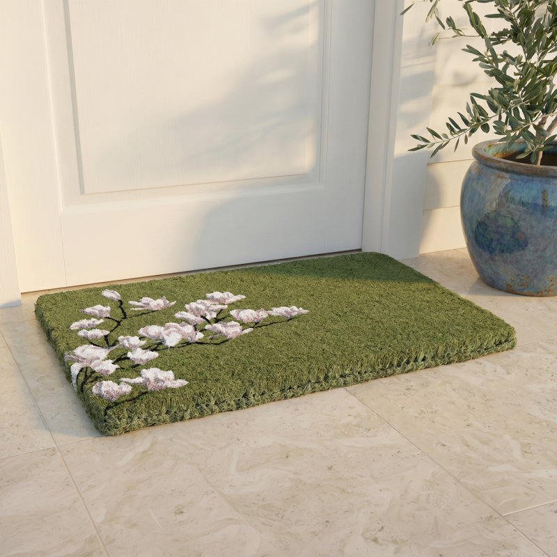 Yohane Magnolia Branch Entryway Doormat, 18" x 30" Thick, Magnolia Branch - Green