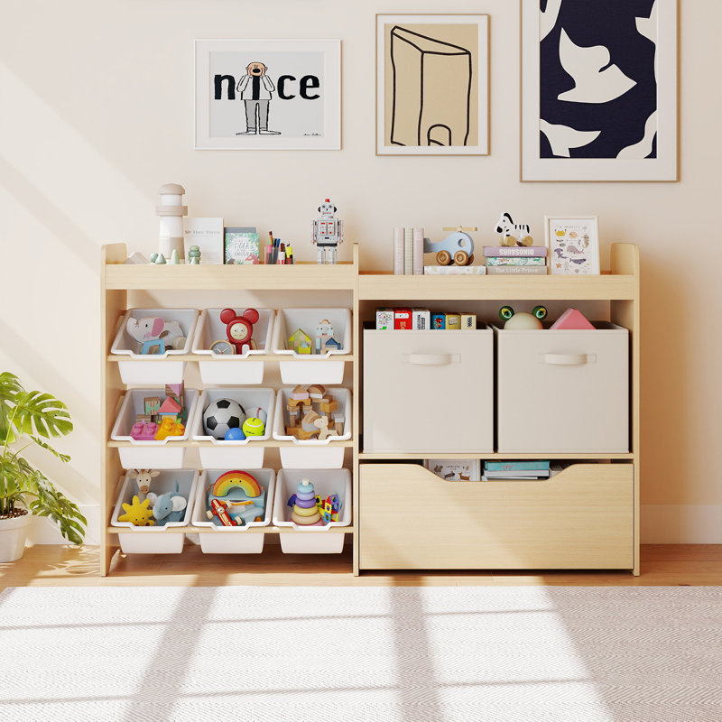 4 In 1 Toy Storage Organizer With Bookshelf And Large Drawers, Hidden Wheels, Natural