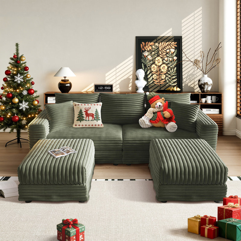 Canapé rembourré en velours côtelé Nerissa, Vert, H 25,6 po x l 82,7 po x P 66,9 po, 3