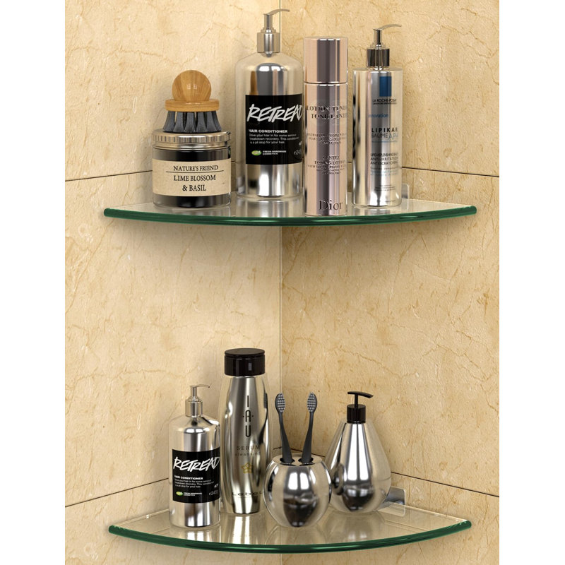 Ensemble de 2 tablettes de douche en verre en verre, adhésif sans perçage ou à visser, support en verre trempé de 9,5 po pouvant supporter 22 lb, supports en aluminium antirouille