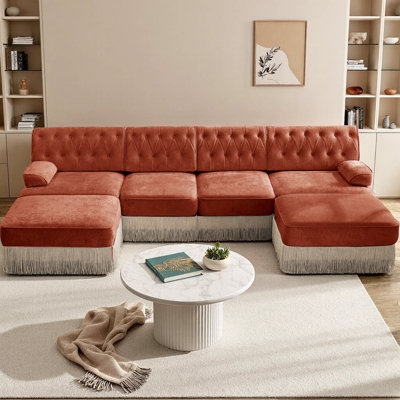 Canapé modulaire en U en velours avec 2 repose-pieds, style Chesterfield modulaire 4 places avec capitonnage à boutons et jupe à pampilles, mousse haute résilience et base en bois pour le salon