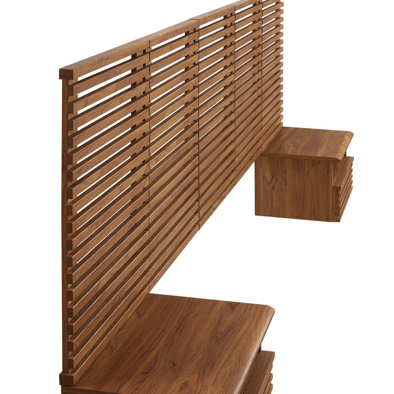 Modway Render Wall Mount Queen Headboard and Modern Nightstands, Walnut