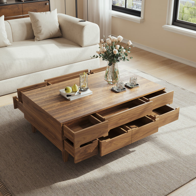 Table basse 51,2 po Table basse rectangulaire en bois de noyer Table basse Mid-Century moderne avec tiroirs de rangement