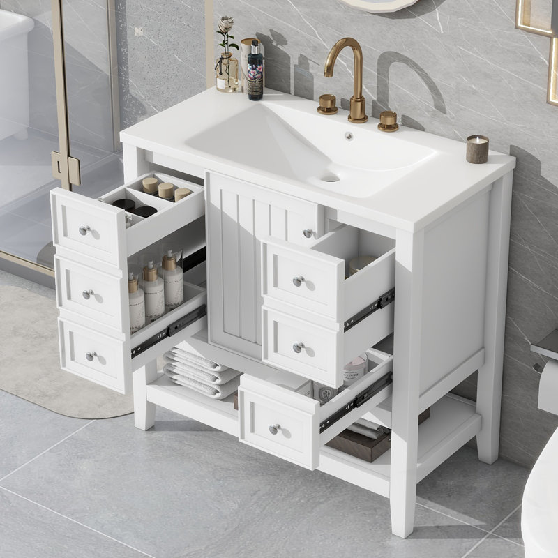 Meuble-lavabo de salle de bain avec lavabo, armoire et tiroirs, fabrication en bois massif durable et panneau de fibres à densité moyenne