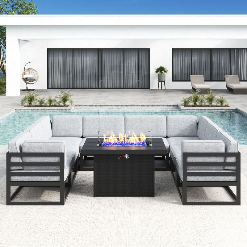 9 - Piece Outdoor Modular Sectional Set with Fire Table, Grey