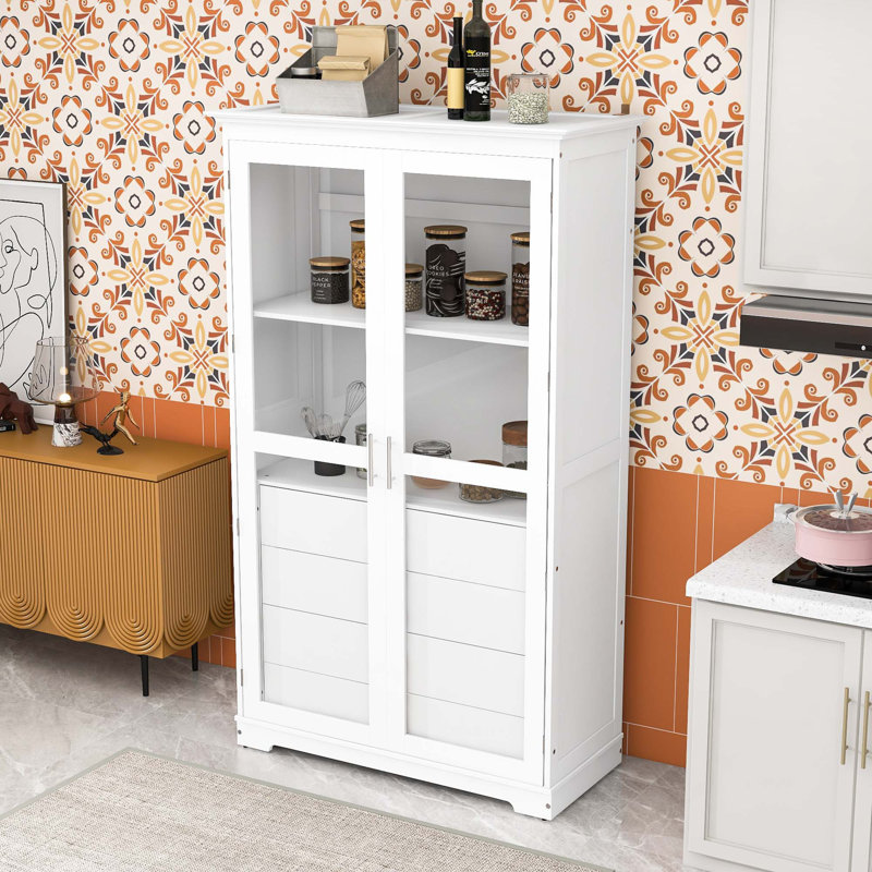 Armoire de cuisine avec portes en verre et 4 tiroirs, Blanc