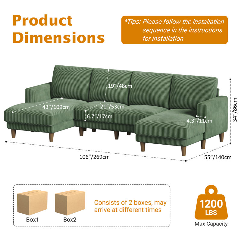 4 Seater Corduroy Modular Corner Sofa, Green