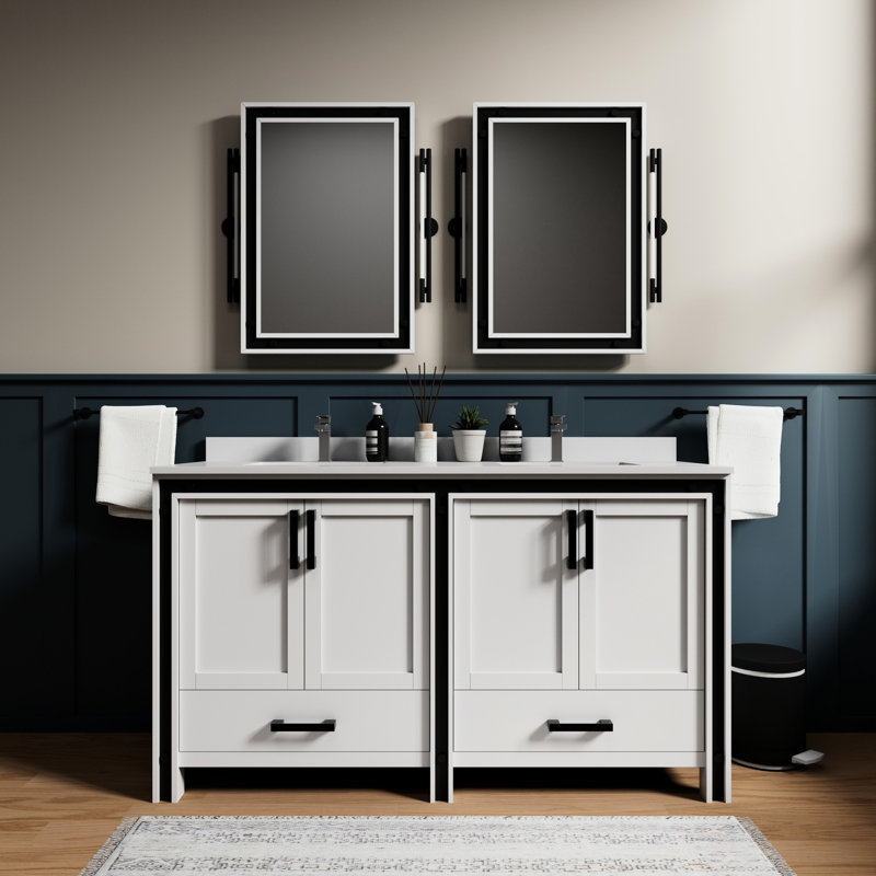 Meuble-lavabo blanc 60 po X 22 - comptoir en quartz, miroirs, fermeture en douceur, deux armoires et tiroirs pour l'organisation incluse, rangement intérieur