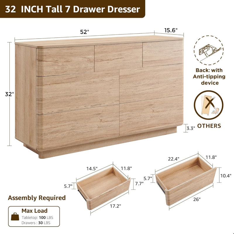 Commode à 7 tiroirs de 52 po de largeur, commode en bois sans poignée pour chambre à coucher, Chêne naturel