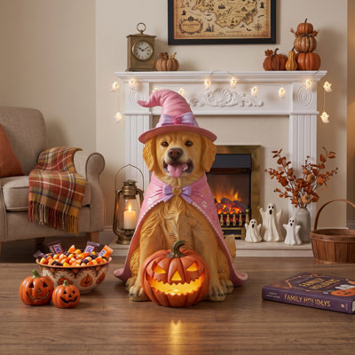 Lighted Resin Halloween Dog Floor Decorative Accent with Jack-O'-Lantern and Witch Hat for Covered Porch Entryway