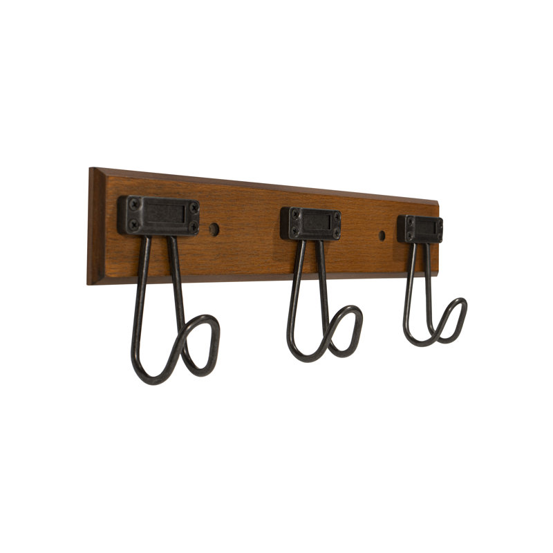 16'' Walnut and Black Metal Wall Mounted Hook Rack with 3 Hooks