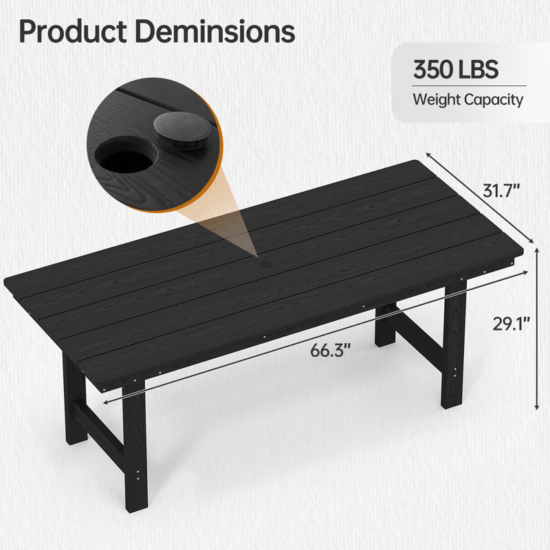 66'' Rectangular Outdoor Dining Table, Patio Dining Table With Umbrella Hole For Patio, Garden, Porch, Pool