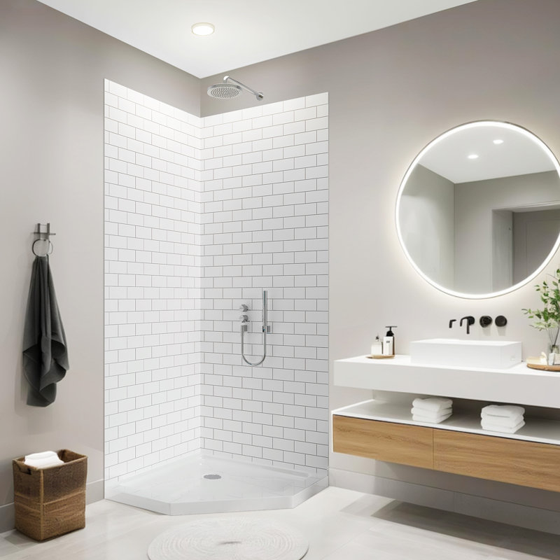 60" W x 32" D x 96" H 3-Piece Glue Up Shower Wall Panel Surround Kit in White Staggered Brick Pattern,Textured Design,Quick Install & Trimmable,1/8" (2.8mm) Thick