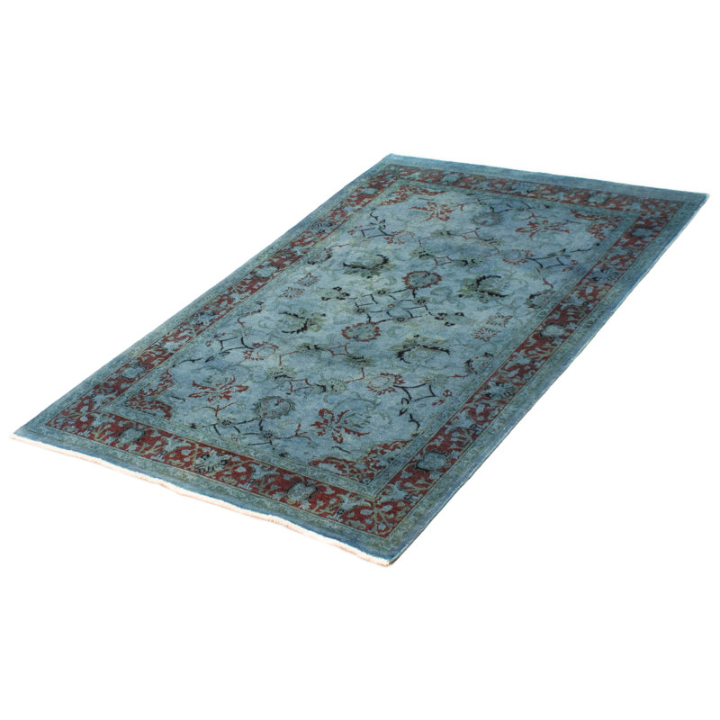 Tapis bleu denim clair en laine noué à la main de conception unique 4 pi 10 po x 7 pi 4 po
