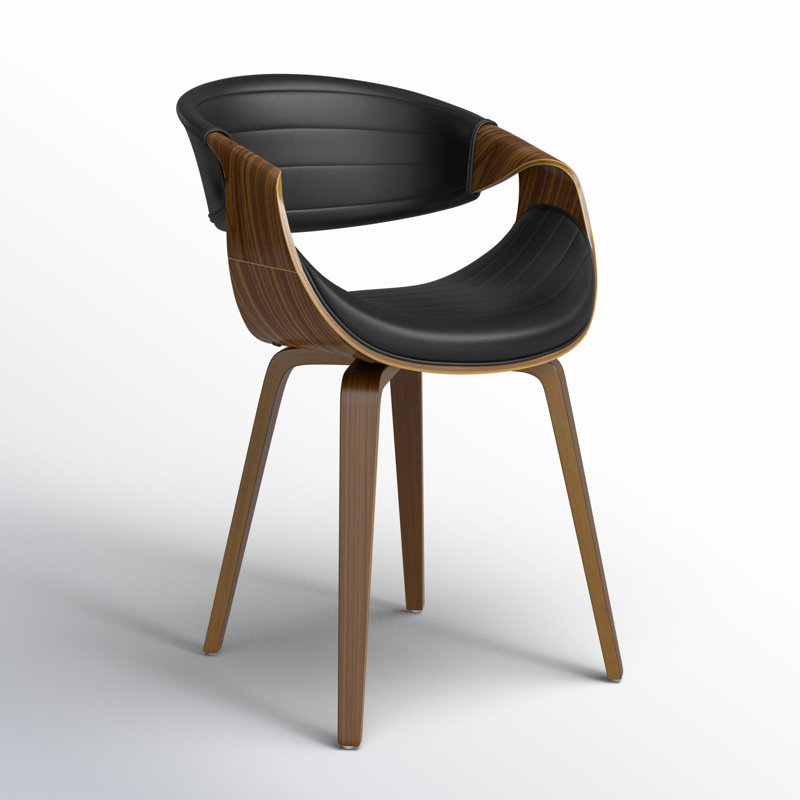 Chaise avec accoudoirs rembourrée Arabelle, Similicuir grainé noir, Noyer