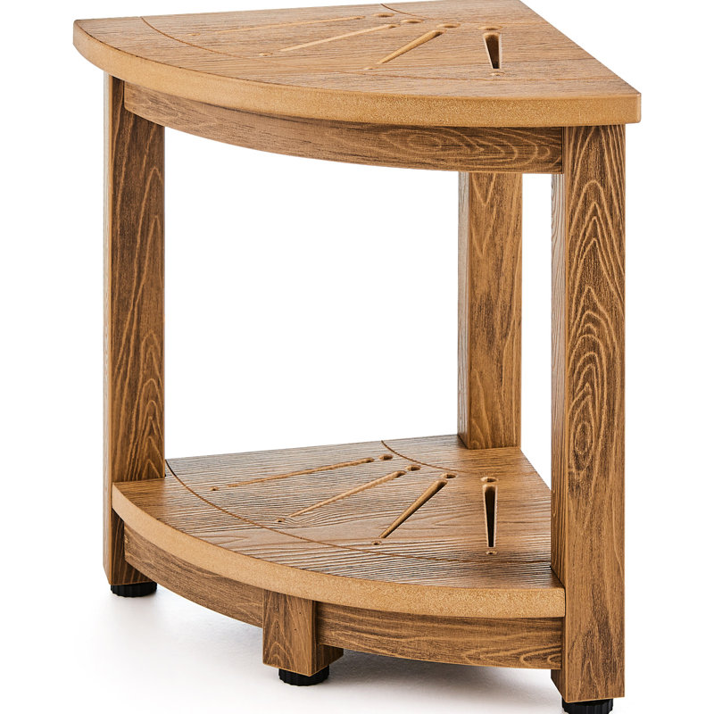 Banc de douche d'angle de 16,5 po de hauteur et rayon de 12,8 po avec grain de bois artificiel de 350 lb, tablette de rangement pour la salle de bain et le salon