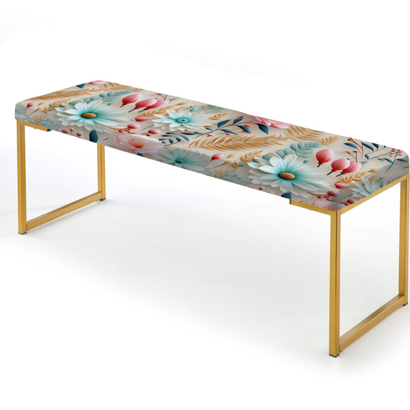 Floral Upholstered Gold Bench, Pastel Bohemian Ferns Pattern III