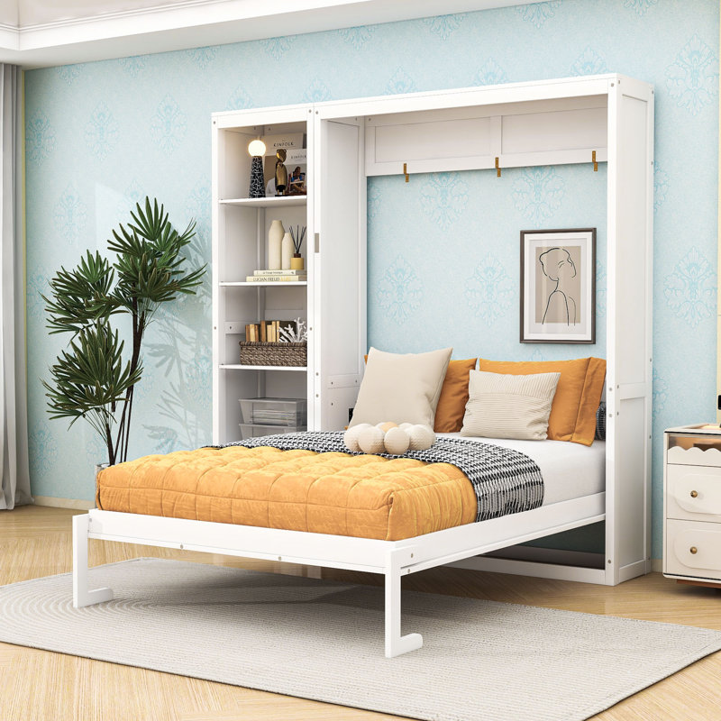 Lit escamotable en bois avec tablettes multifonctionnelles, Blanc, Grand lit