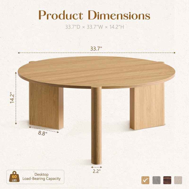 Bolanos 33.7" Modern Round Coffee Table for Living Room, Wood Accent Center Table, Naturel