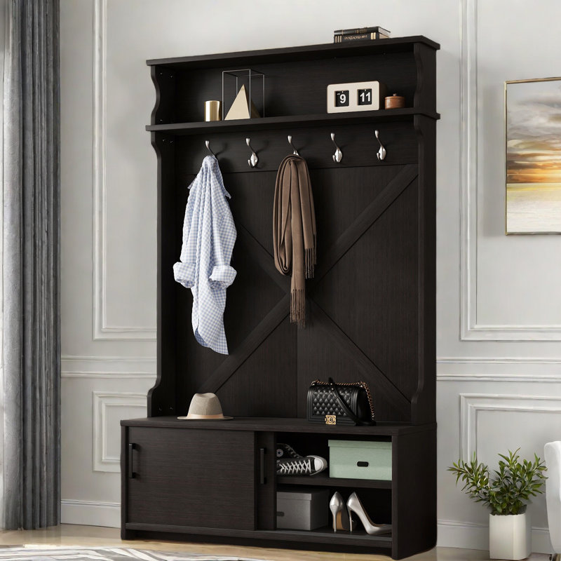Banc de rangement avec portemanteau, armoire à chaussures avec portes coulissantes et portemanteau X Design