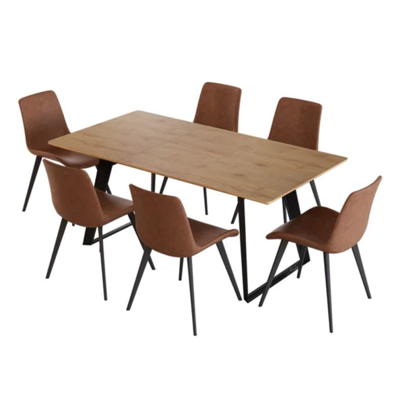Jilliann Modern Kitchen Dining Set Expandable to 66.9"L Table Set with 32.4"H Dining Chair, 7 Pieces: Table, 6 Chairs, Brown