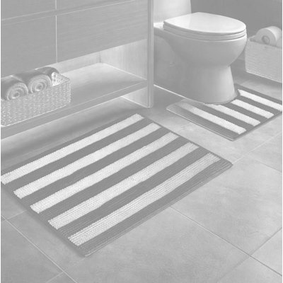 2 Piece Set Charcoal Grey White Stripe Soft Cozy Plush Chenille Bath Mat Bathroom Rug