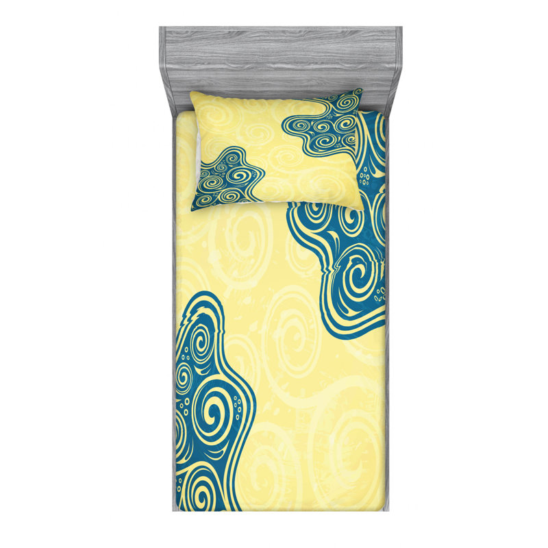 Cadre avec ensemble de draps abstraits tourbillonnants ornés, Ensemble de draps pour lit simple avec drap-housse
